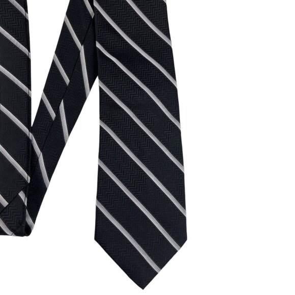 Pronto Uomo Men's 100% Silk Repp Necktie Tie Stripes Black and Silver 4" x 57" - Picture 2 of 9